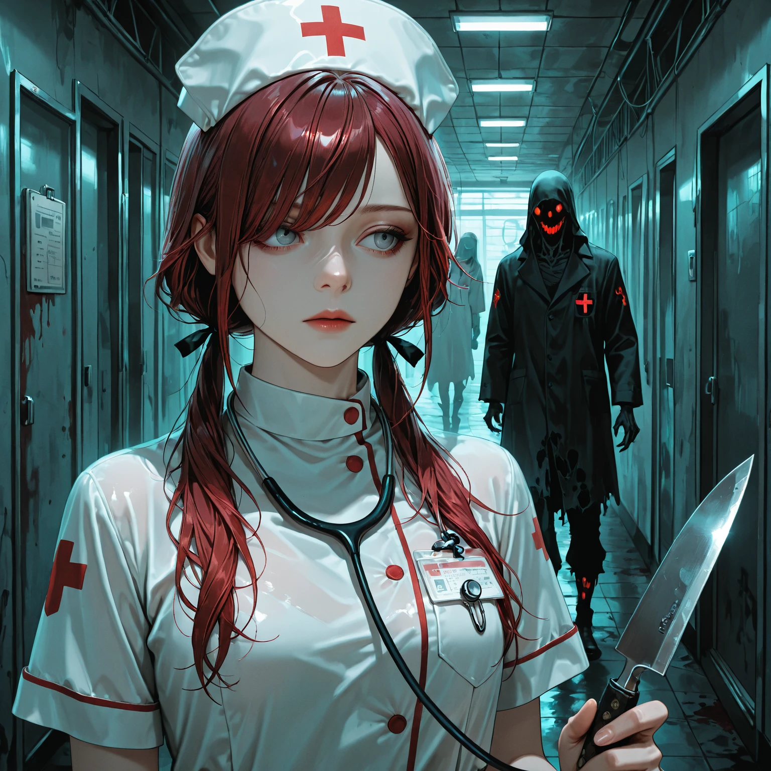"Create an image of a foggy night scene with an abandoned hospital in the background. In the foreground, include two skeletons: one dressed as a doctor in a white coat and the other dressed as a nurse."