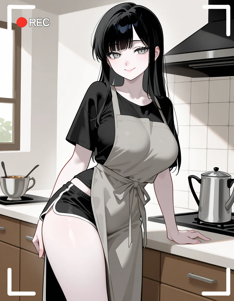 Busty girl, naked with a black hair apron 