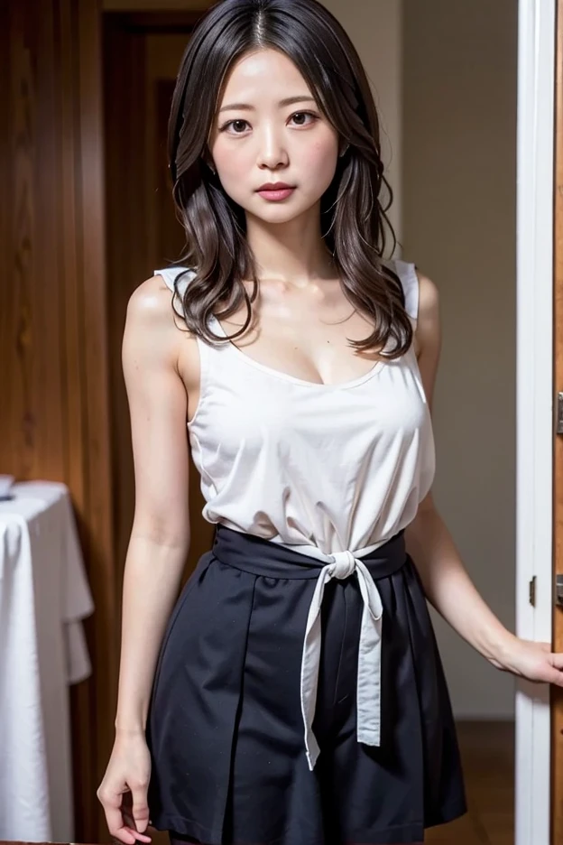 sexy pose, Highly detailed CG Unity 8k wallpaper, of the highest quality, super detailed, masutepiece, Realistic, photos realistic, extremely detailed cute girl, 25 years old, Large breasts , cleavage , (mikoto outfit : 1.2), Round eyes, looking at viewer , closed mouth, cowboy shot, kitchen background, skirt, mini skirt, upskirt, open legs