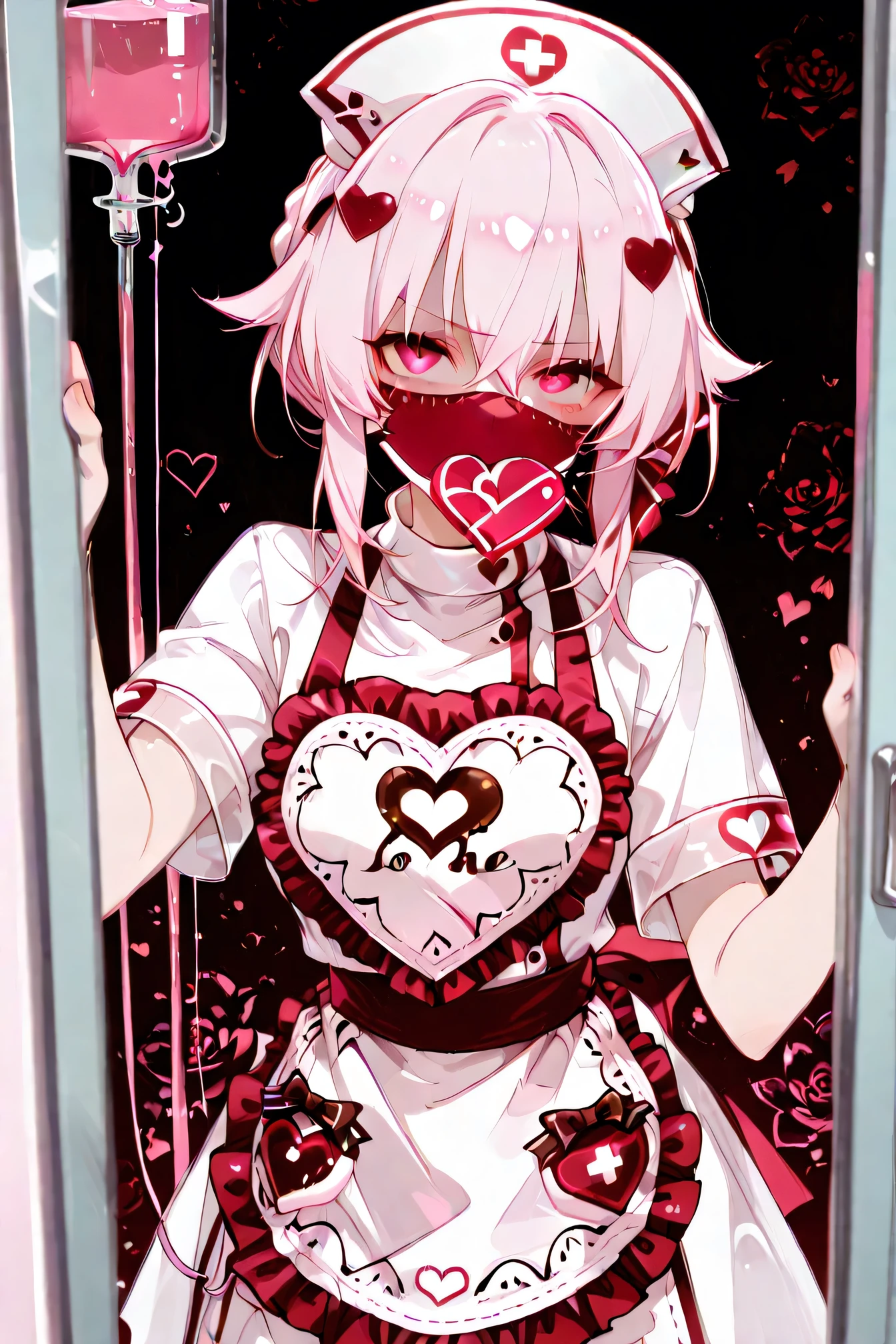 top quality、masterpiece、pink liquid hanging from an infusion stand、yandere nurse preparing with a smile、heart-patterned apron under a white coat、Mask around the mouth、but her eyes are glaring、Composition explaining「special love blend」to patients、Valentine's Day style decorations on the background、cute