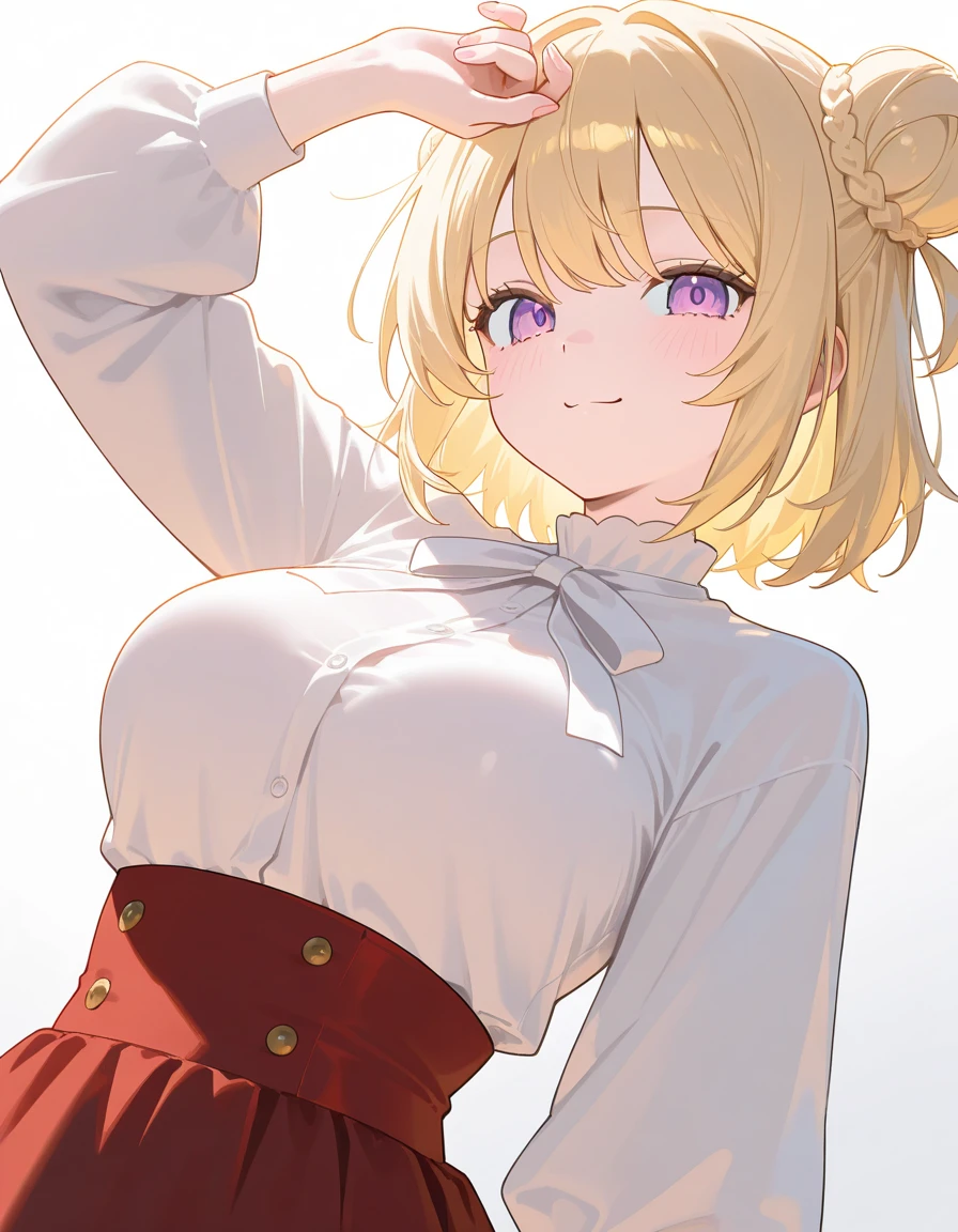 (((school uniform))),((blonde hair)),(huge breats),"(perfect masterpiece:1.2), (highest quality:1.2), stunning face, mature and chubby, compensate, long and luxurious eyelashes, lip whole, irresistible charisma.",((())),(((very short hair))),(((hair between eyes ))),hairclip ,arms up,lip,mature female