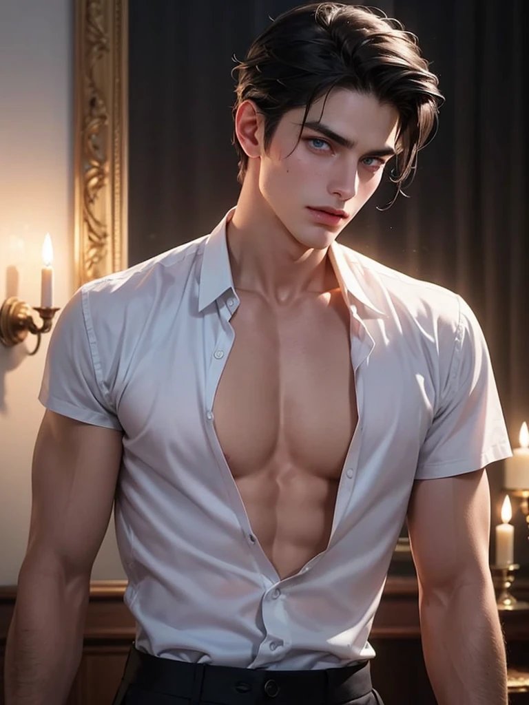 (best quality), 1boy, male, pale skin, black hair, medium hair, curtain hair, tousled hair, green eyes, perfect eyes, dark circles under eyes, light smile, black t-shirt, sweatpants, masterpiece, anatomically correct, highres

