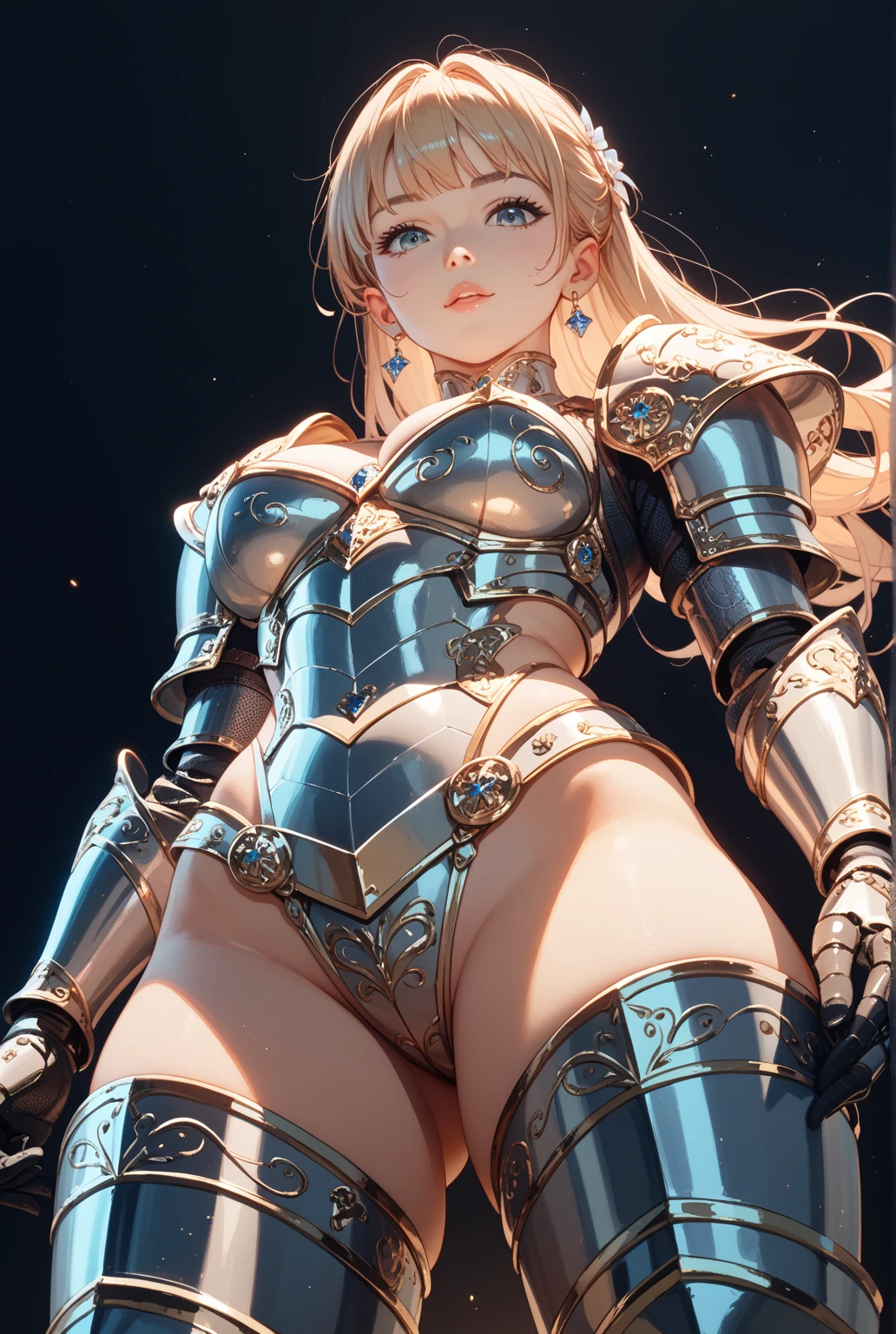 (Adult women:1.5)、Very detailed、highest quality、Best image quality、masterpiece、8k、Anime Face、A kind smile、(Open your mouth:1.5)、Sparkling blue eyes、(Blonde Wavy Hair:1.5)、、Muscles of the whole body、(High leg:1.5)、(Thigh belt:1.5)、(Wearing platinum bikini armor:1.5)、(Cowboy Shot:1.5)、(Leg armor:1.5)、(Wearing a helmet:1.5)