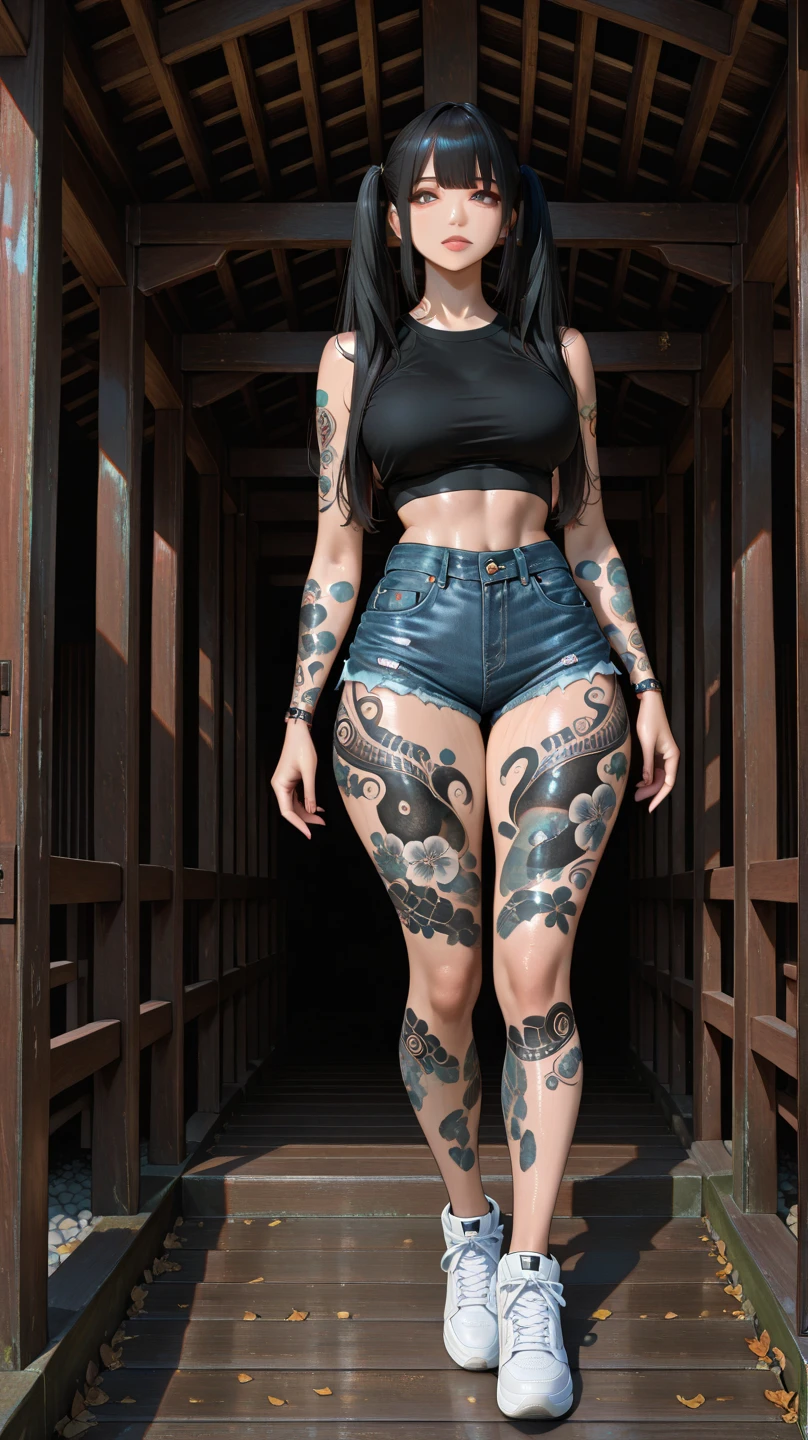 1 Close-up of an 18-year-old girl,Her face was covered with tattoos ((Japanese live-action actress)),((Realistic effect and clarity of DSLR cameras)), ((cabelos preto e longos,By bangs)), ssmile,((There are various tattoos on the face)), Fleshy lips,largeeyes,freckles on face ,red lipsticks,( Itching of the lips),choker necklace, 耳Nipple Ring, and makeup, ((Full body skin tattoo)),((The tattoo content is a three-character sutra,The dense words are clear)),((There are similar tattoo designs on underwear)),looking at the camera in,Frontal photo,Side photo,Back photo,((high-heels)),Bigchest,slenderlegs,Slim,Less clothes,