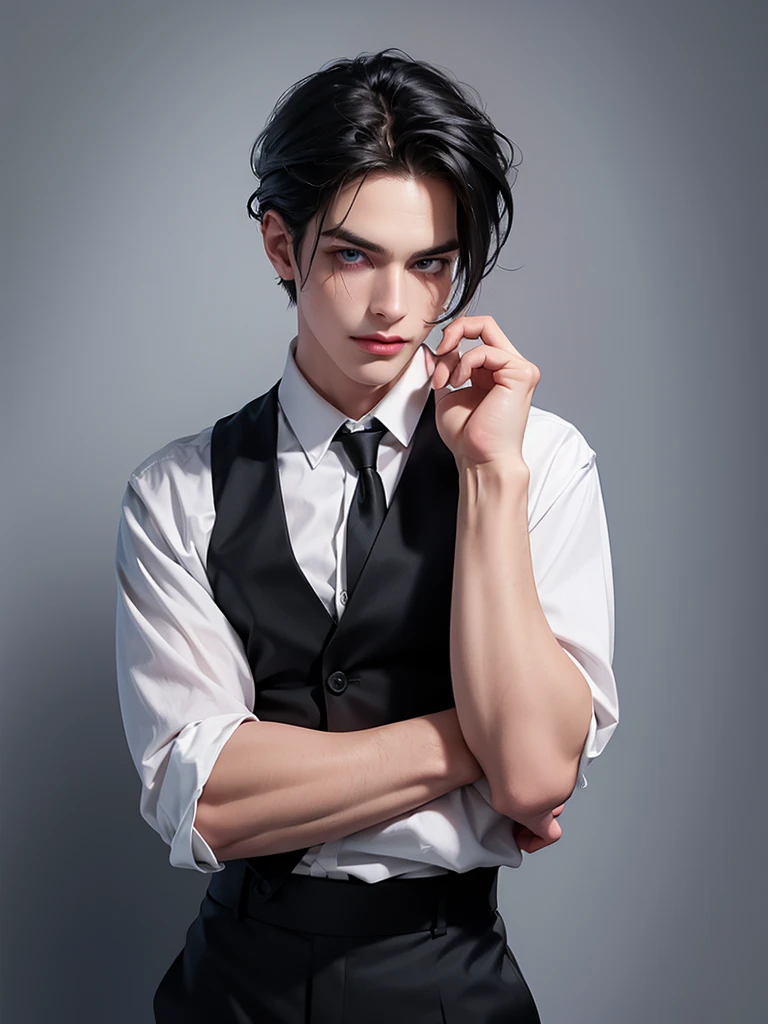 Young adult male, black hair, very pale, looks dead, vampire, dressed in victorian clothes