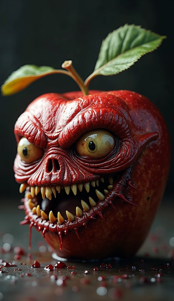 an evil apple with a sewn on leather face at night scaring a worm at night