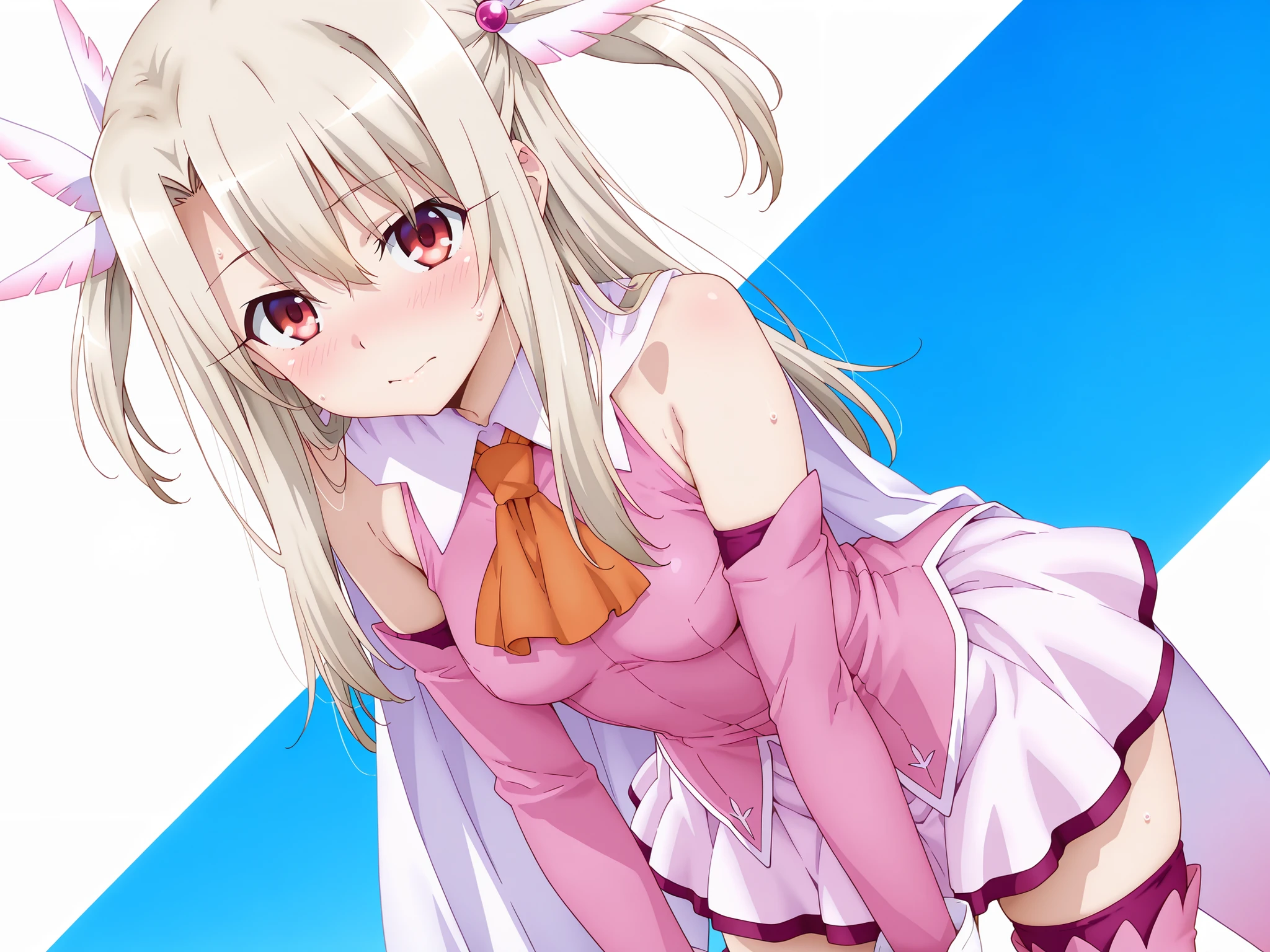 anime screencap,solo,masterpiece,best quality, amazing quality, highres, absurdres, very aesthetic, high resolution, ultra detailed, perfect details,1girl,illyasviel von einzbern, long hair, blonde hair, two side up, hair ornament, red eyes, bare shoulders, magical girl, cape, orange ascot, pink shirt, sleeveless, detached sleeves, white gloves, white skirt, pink thighhighs,(masterpiece, detailed:1.2),medium breasts