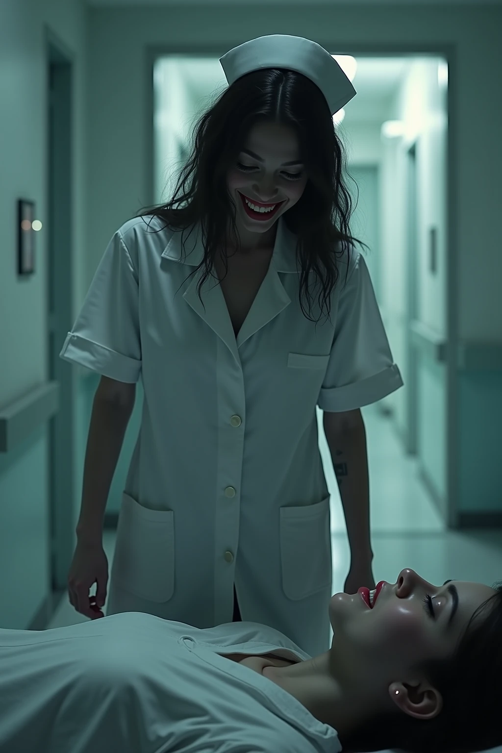 Woman with a crazy face next to a sane man,  inside a neuropsychiatric hospital 