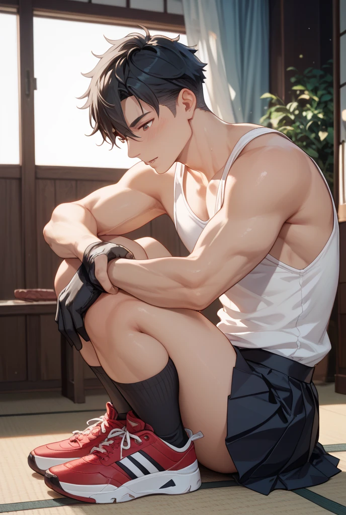 shirtless handsome manly short black hair caucasian male mma fighter, mma gloves, white mma shorts, barefoot, sweat-drenched, soaking wet, drenched with sweat, sweating profusely, soaking wet with sweat, panting, exhausted, sitting on the floor, resting on the floor, in the gym