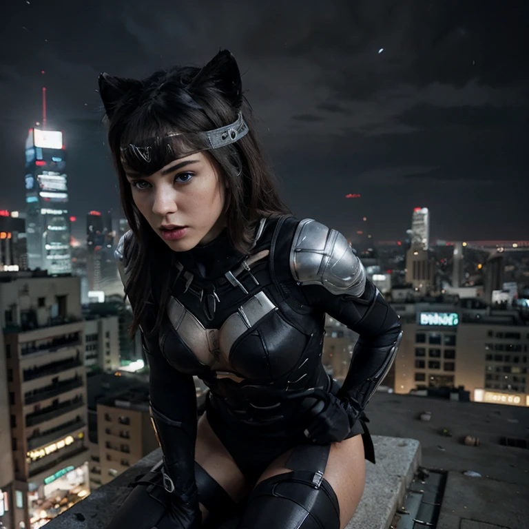 A female super hero in wolf cyborg costume fighting with a giant , Super powers  , City background , hot revealing costume 