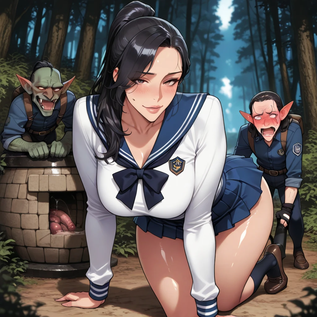 (masterpiece), mature school girl, (see-through,sheer uniform:1.2),sexy, posterior, floral lace undies, natural light, photorealistic, cameltoe, diffused light, depth of field, white skirt, steam, (lift skirt), (urination), lifelike,(gravure pose: 1.2),(goblin,(clusterfuck),vaginal sex,orgasm:1.4),