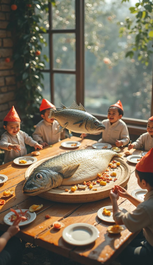Nobi Nobita is eating a large batch of sashimi at a birthday party.