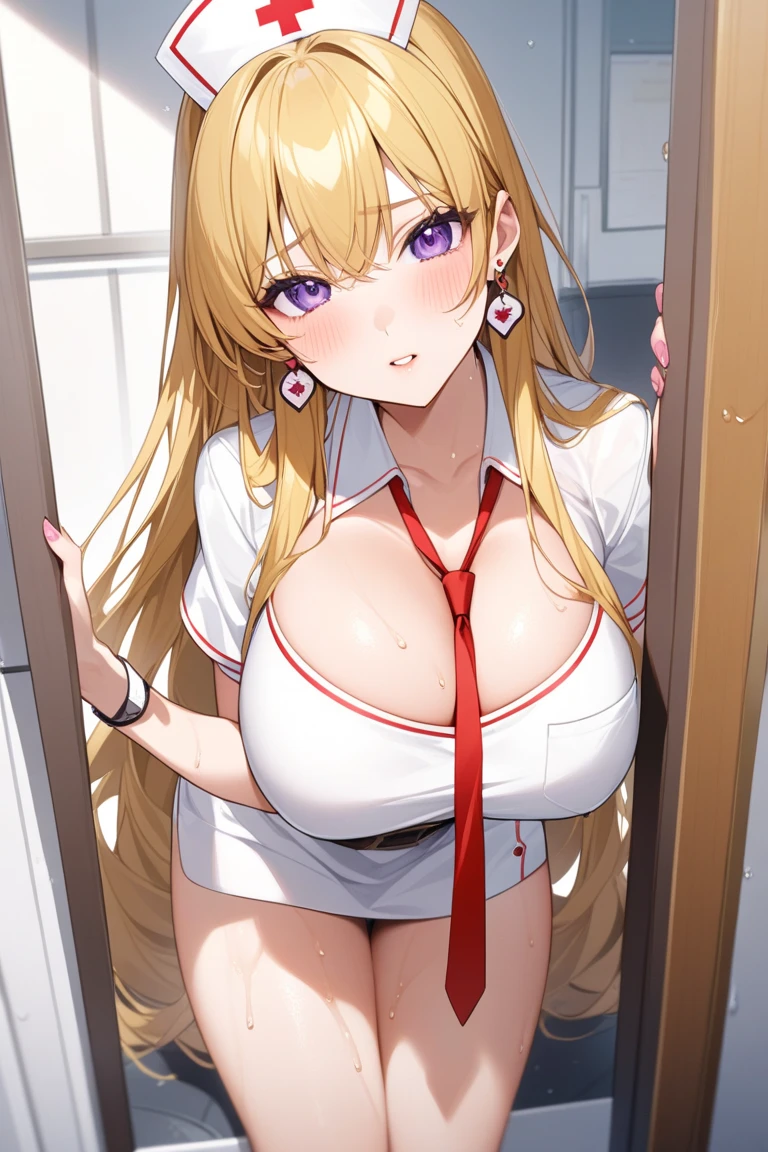 (masterpiece:1.2),(Shiny skin:1.4), Full Body, anime, (anime style:1.5), Detailed cloth texture, Detailed hair texture, One girl, 18 year old girl, sexy pose, kitchen background, Long eyelashes, Lips parted, shining pink lips, Heart shaped pupils, seducive smile (The body is slim:1.1), (Beautiful blonde long hair:1.2), (Huge breasts:1.6), Floating Hair, (bangs), (white apron only), (Cleavage), ( Earrings), Blushing, close to male viewer