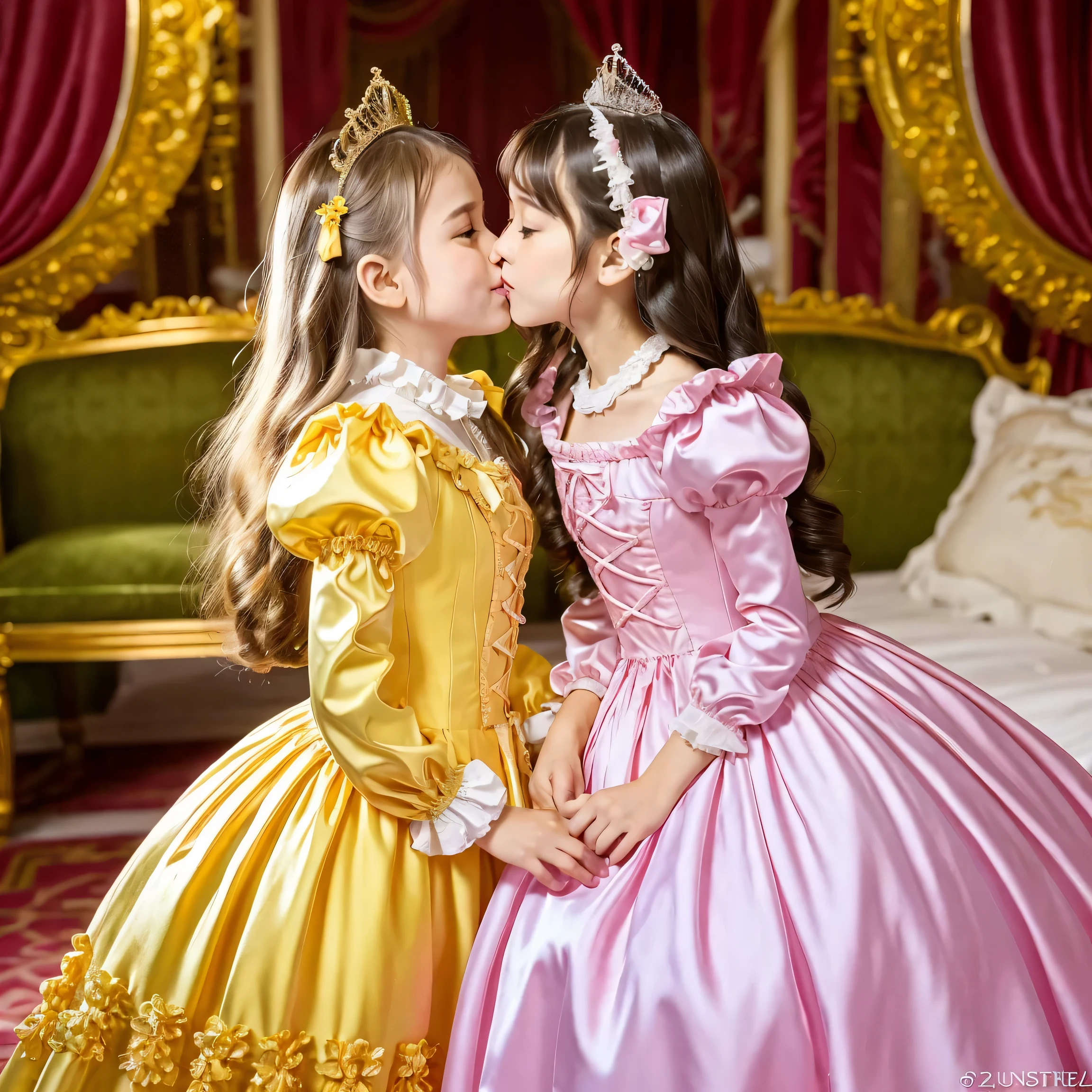 highest quality, masterpiece, highest resolution, artwork, super get used to it, many become familiar with, become familiar with, get used to it, woman, 10 years old,the two girls are princesses,pink victorian dress,long sleeve,long dress,A dress with lots of frills and ribbons.,luxury,Two kiss,high quality dresses,