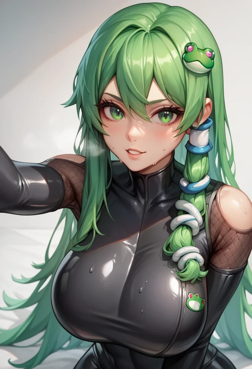 masterpiece, best quality, 1girl, solo, green hair, folded ponytail, green eyes, tao jun, large breasts, nude, cowboy shot, <lora:tao_jun_v1:0.7>, mature female