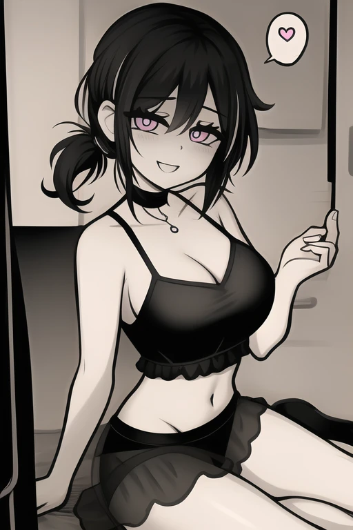 Highres, Masterpiece, Best quality at best,Best Quality,hight quality, hight detailed, Anime style, 1girl, young girl, leyley, solo, (black hair), ponytail, (white pupils, pink eyes:.6), messy hair, short ponytail, upper body, Slim body, bright pupils,tcoaal, solo, looking at viewer, Shirtless, Venus bikini, areola slip, thong, bra, Big breast, sexy boobs, choker, (Showing armpit:1.3), (very young boy), (very small and short body), simple beckground, hansome boy, Uhd, bokeh, sweat