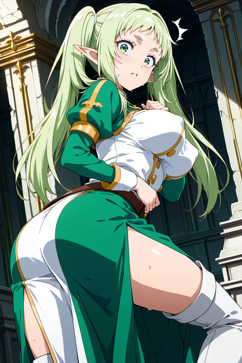 (Masterpiece), Best Quality, ultra-detailed, 1girl (teles, lovely small breasts, naked body, jewelry, earrings, blonde hair, long hair, green ribbon, green eyes, empty eye), blank face, parted lips, solo, nude, naked cape, dark lighting, in the cave, standing, 1boy (the wizard). Holding hand pov