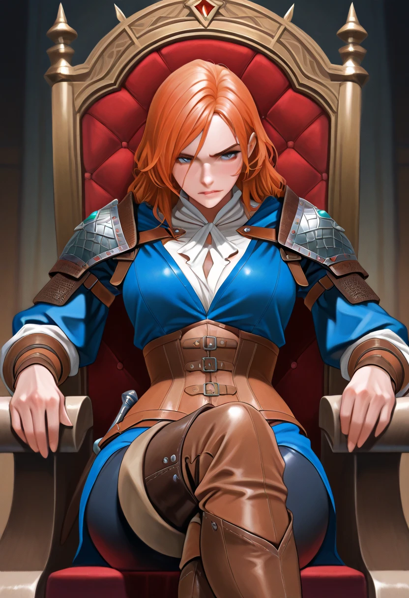 masterpiece, best quality, colorful, detailed, intricated, warm colors, sharp focus, rysina, green military dress, unbuttoned purple military coat, black gloves, 1girl, cowboy shot, frontal view, sitting, cabinet, armchair, blue glowing eyes, legs crossed, detailed eyes, red hair,  fists, <lora:rysina-000012:0.7>,  <lora:add_detail:0.75>