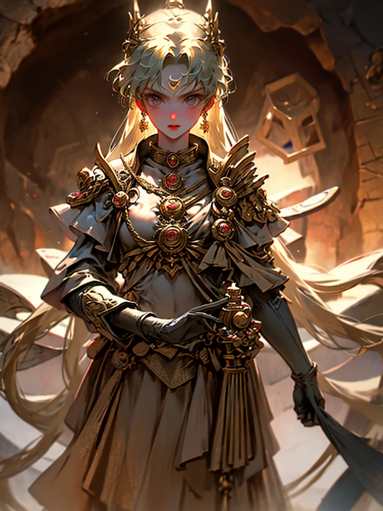 designed by Frits Van den Berghe, dark art, Miyako_Ishida, wearing dfoutfit, headpiece, at Baroque Solar power station, Warm lighting, Agfacolor, <lora:Miyako_Ishida:0.8> <lora:WoW_DragonflightOutfit_a1_1:0.8>