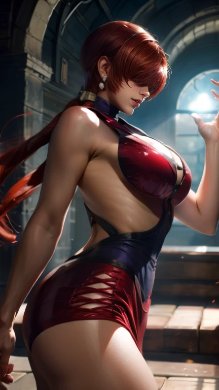 8k, Super details, precise, best quality, masterpiece, Super details, high detail, high quality, best quality, high resolution ，1 girl，huge tituscular body，Lift up the red split skirt，Revealing thong，high ponytail，White analysis，Cool colors，Qi bangs，Lovely