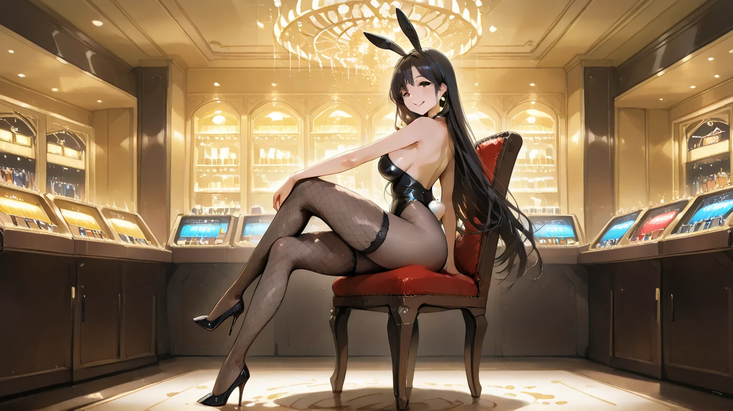 Anime girl with very big breasts and very big ass, full body Xianxia, small curvy loli, long black hair, standing split, curvy, (thighhigh),((Bunny girl)), (smile), pixiv3dcg,, negative, pixiv, ecchi, otppuro potion, full body commission four, top rating on pixiv, ecchi anime style, seductive anime girls, pixiv