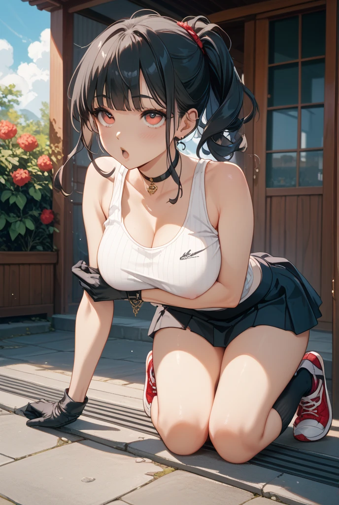 masterpiece, top-quality, the Extremely Detailed CG Unity 8K Wallpapers, Ultra-realistic 8kCG, perfect artwork, The perfect female figure, Dramatic shadows, (Perfect ligthing, Detailed light, (((1girl))), ((long black hair, twintail hair)), Model body type, large full breasts, ((cute face)), red eyes, (looking at viewer), (beautiful eyelashes), horny face, blushing, embarrased, Beautiful face, (beautiful chest line:1.2), (cleavage), beautiful a girl, Exquisite facial features depicting the perfect face, blushing, Naturally beautiful, Sweating, sexy, erotic, curvy body, Light and beautiful thigh expression, mcdonald worker woman, hat, apron, jeans shortpants, garter belts, stockings, sneakers, restaurant, detailed, realistic light and shadow, 8K resolution, (glistning skin:0.9), perfect hand, squatting, panty shot