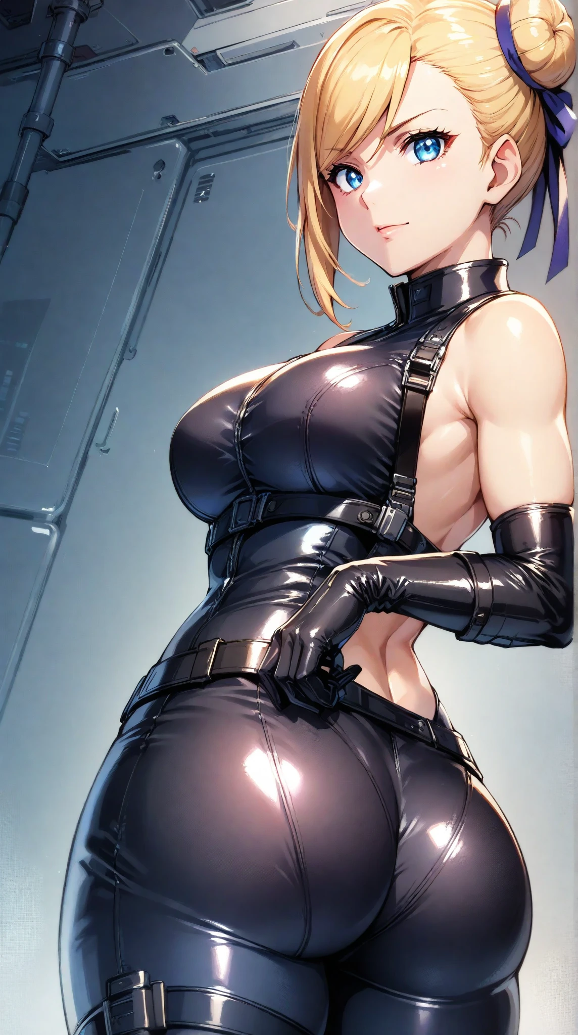 1girl, solo, arisa ichigaya, blonde long twintails, x hair ornament, large breasts, tight bodysuit, standing