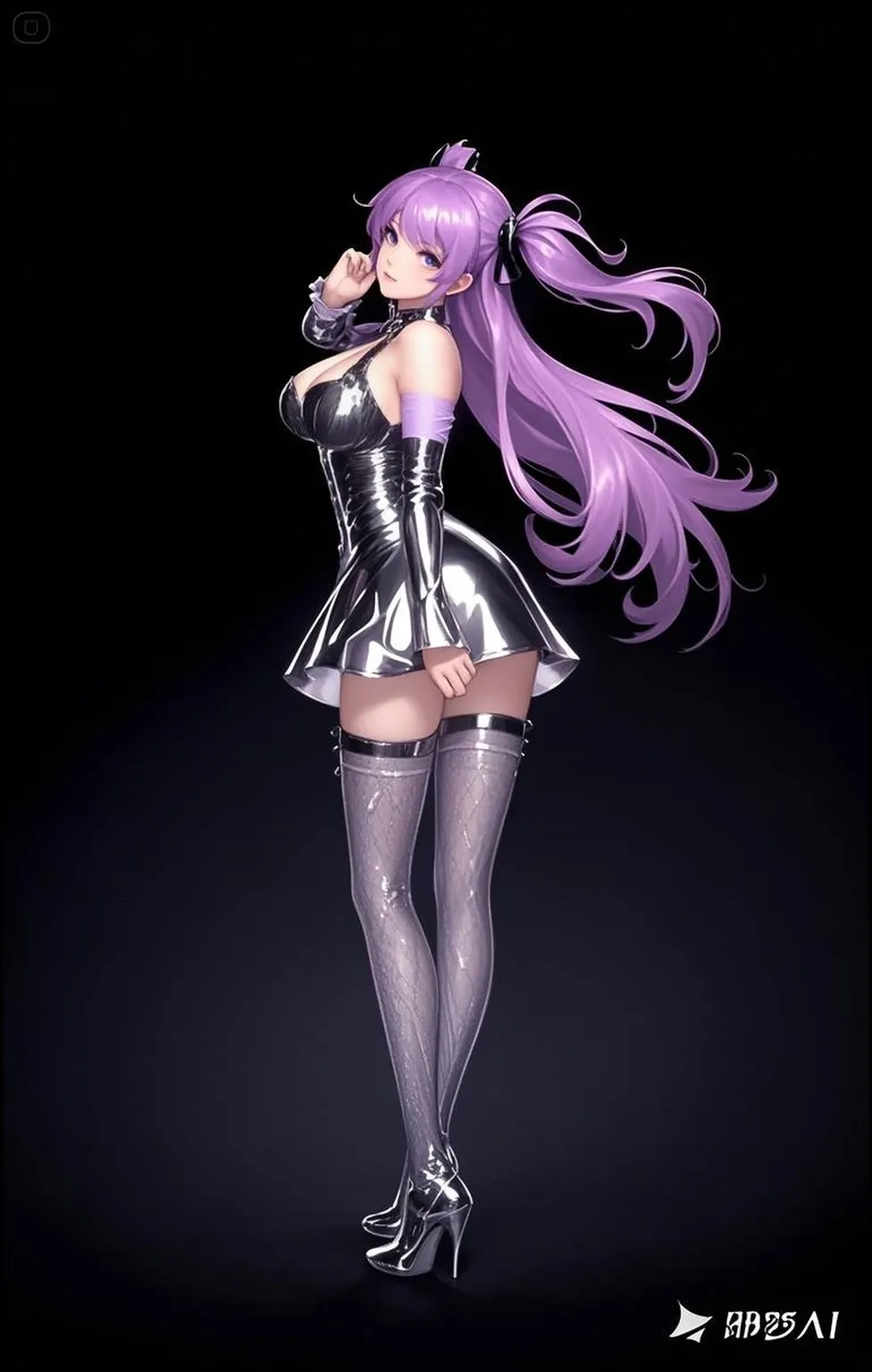 Purple colored hair，big breasts exposed cleavage，fishnet stockings，open waist，Harnes，strappy，Mesh socks，open waist，Showing the belly，Bow heels，platform high heels，platform high heels，Bow knot，fishnet stockings，Hollow-out on，Black silk stockings，Small swimming trunks