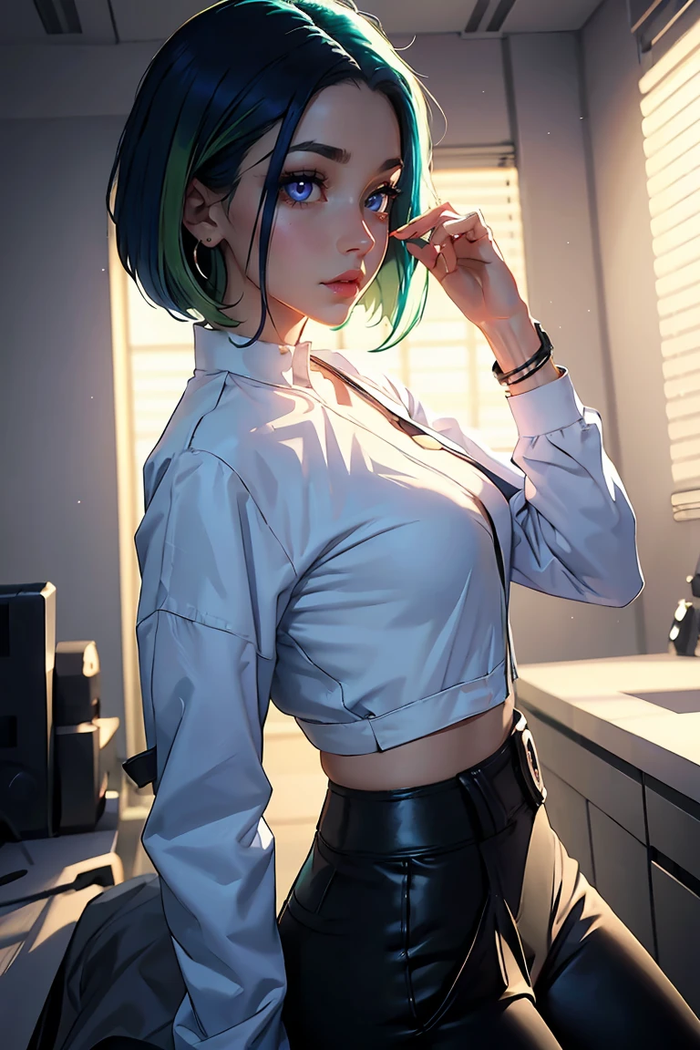 (masterpiece, best quality), 1girl,Cadet blue Faux Hawk with Tapered Sides and, Size A breasts, <lora:GreenCardigan:1> green cardigan