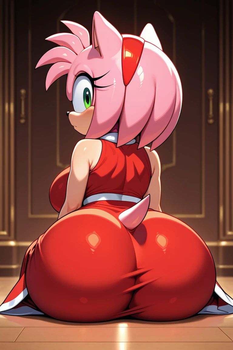 ((Fix hands)), score_9, score_8_up, score_7_up, score_6_up, score_5_up, score_4_up, amy rose, (behind view), (ass focus) (2D anime style), anthro furry, pink fur, green eyes, small tail, medium breasts, strapless, (cute red short dress), (red boots), (pantyshot), (cute white panties), (cameltoe), bare feet, bare hands, sexy curves, big head, (solo), on all fours, bending over, seductive pose, looking at viewer, seductive stare, (green park background), sunrays