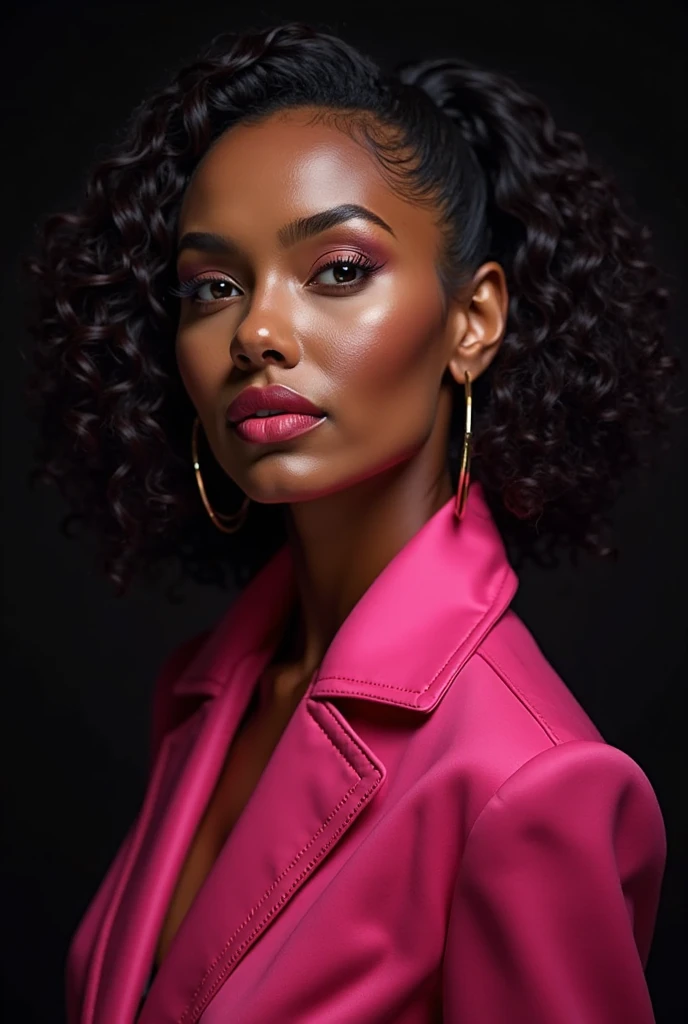 Completely Arafed woman with green eyes, wearing a pink dress. beautiful young black woman with dark skin, black Brazilian mixed race, beautiful 30 year old Afro-Latina girl, beautiful African and Latina, Brazilian and Angolan descent, a black woman, mixing African and indigenous features, a unique mix of indigenous, African and European ebony . The hair is extremely curly, with well-defined and voluminous curls. The natural texture. Her hair is long, falling in voluminous waves around her shoulders and down her back. The hair has a lot of volume, creating a full, dense appearance. The hair is black. green eyes, eye is green, green and expressive eyes, beautiful green eyes, realistic green eyes, detailed green eyes (eyeliner, long eyelashes). Perfect eyebrows and are thick. the nose is small and proportional, beautiful face. Attractive and irresistible mouth, well-defined lips, full lips, voluminous lips, seductive lips. The face is oval, with high cheekbones and a well-defined chin, a beautiful and detailed face. Professional, dramatic makeup, a more impactful look with shadows that accentuate the captivating look, Striking makeup, with eyeliner, black lipstick. Skin tone: Olive skin, healthy and with uniform shine, with olive skin, dark skin, sexy girl with skin brunette, detailed skin texture, beautiful and glowing skin, intricate details, smooth skin, healthy and radiant appearance. A woman has a well-defined and athletic body. Her silhouette is shapely, highlighting a thin waist in contrast to fuller hips and bust. She has a prominent bust, with large, firm breasts, silicone breasts, voluminous breasts. Thin waist. The hips are wide and well-defined, with a pronounced hourglass shape and a large butt. The legs are long and muscular, with well-defined thighs. 50 mm lens, f/2.8, hdr, (8K) RAW photo, high quality resolution 8K uhd, dslr, 2k, 4K, 8K, 16K.