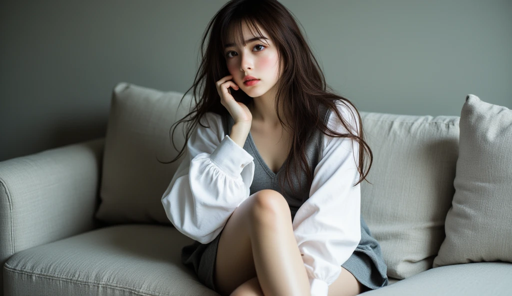 masterpiece、8K、32K、highest quality、(Detailed both eyes)、(cute japanese woman、bangs:1.3)、23 years old、1 girl、elegant、black hair、(photograph、GoPro:1.4)、(huge :1.2)、(Touching hair:1.5)、sit