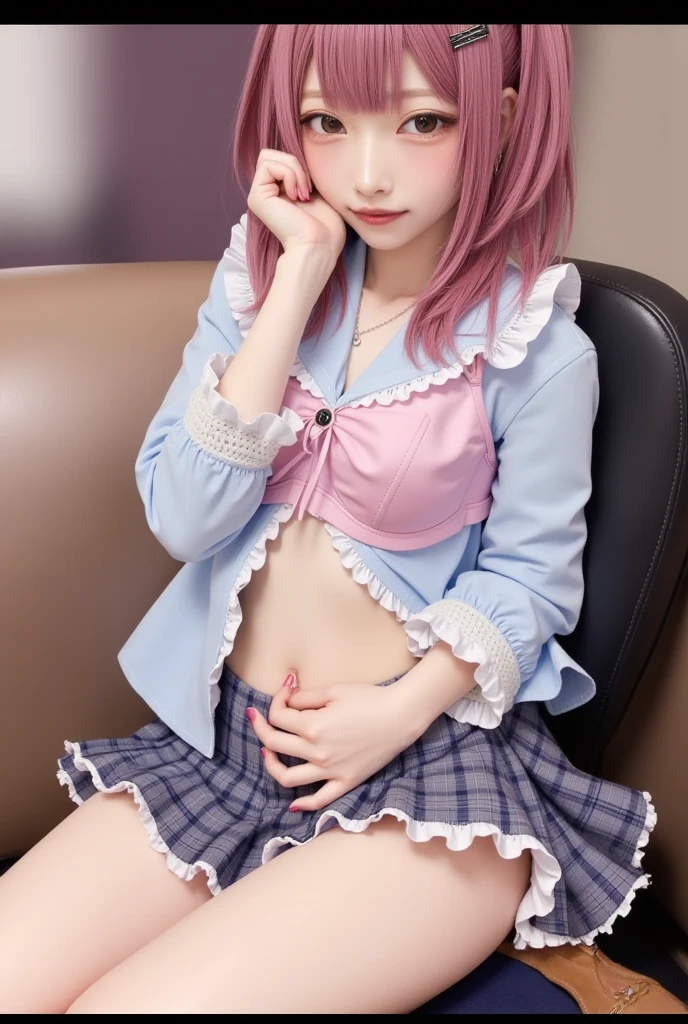 ((skirt lift:1.3)),((Pink Platinum Hair:1.15)),((panty shot:1.3)),Japan gal style makeup,gold necklace, gold bracelet, gold belt, {{Low-rise skirt with slit}}, plaid pleated skirt, {{{へそ length white shirt}}}, {{{{Shirt tied under the chest:1.3}}}}, socks, 1 girl,(highest quality,4k,8K,High resolution,masterpiece:1.2),1 beautiful woman,18-year-old,35mm lens,f/1,considerable breasts,soft sunlight,bright colors,playful expression