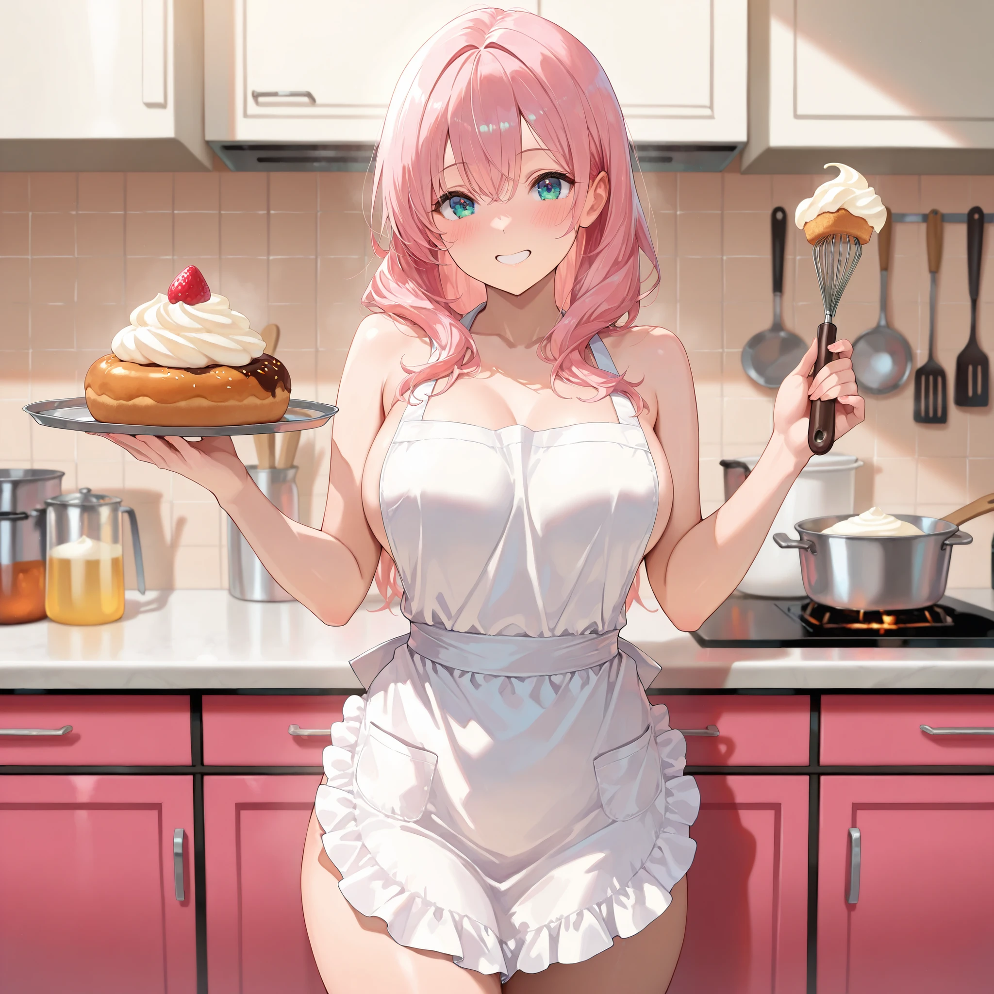 ((1 girls), solo, clevage, Big round breasts, trendy, stylish, clevage, thighs, hips, realistic, pink hair, blonde hair, light green eyes, lip gloss, detailed face, amazing big eyes, eye details, big lips, eyebrow details, blush, smirk, naughty, mischevious face, HD, good quality, thick thighs, attractive, kitchen, breakfast