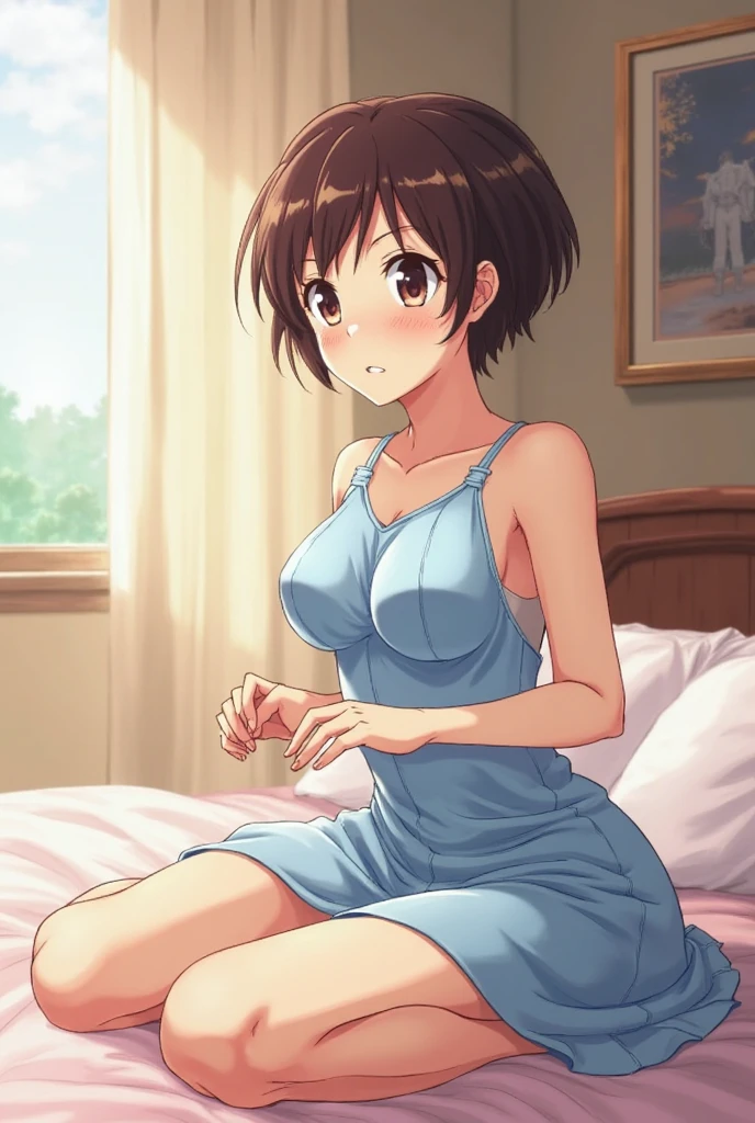 asakura_yume,Brown Hair,Medium Chest,Aqua Eye,White skin,In town,((Are standing)),smile,((breast enhancement)),(((Navy Blue_Camisole mid-length dress_Lap above))),((valley)),No bra,smile,
