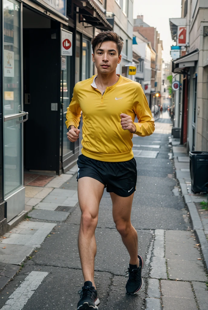 Full body shot, 1 Korean young boy 15 years old,handsome, , sharp eyes high nose comma hair white skin, slim skinny fat body,shirtless ,wearing brown underwear ,running in Tokyo ,multiple people in city sunshine blue sky white clouds ,