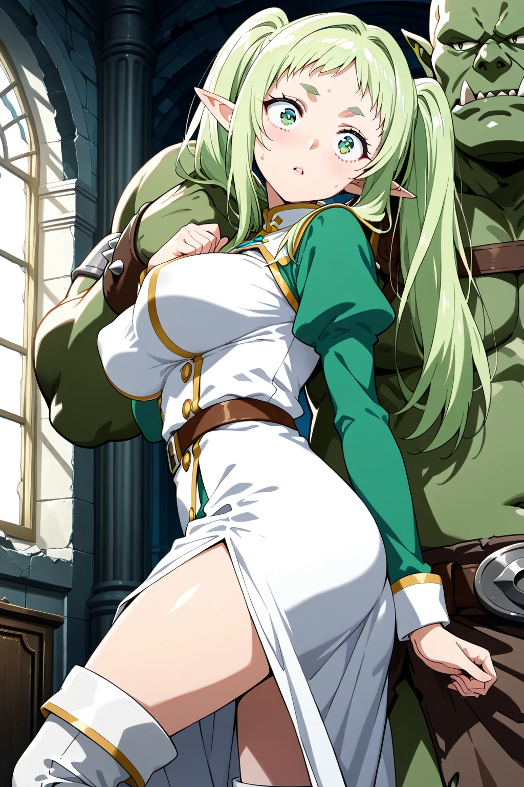 score_9, score_8_up, score_7_up,,BREAK source_anime, from below,,breast front view,standing,straight on,upperbody.,1girl, celes chere, final fantasy.blonde hair, blue eyes, ( micro bikini,green bikini),large breasts,cleavage,pointy breasts,,, white cape, vambraces,bracer,  very long hair, bangs, closed mouth,.tundere,,, (best quality),(aesthetic,very aesthetic),masterpiece, highres, (anime screenshot:0.5),contrapost,graceful posture,lean but curvy body, slender waist, round hips, willowy limbs,(bulsh),model standing,arm in hair,