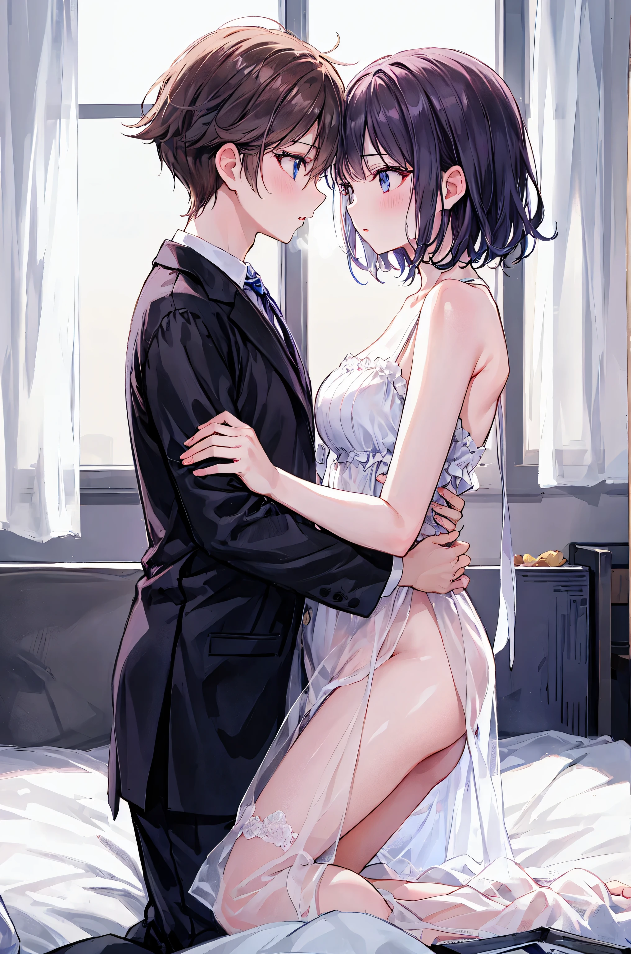 (1 girl), (1 boy), dark hair, man carrying a woman in a princess carry, cinematic lighting, precise posing, high quality, high resolution, masterpiece