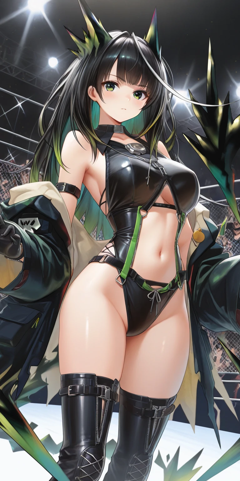 Green Eyes, (Green Hair:1.2),Provided by Bang,Long hair, White cropped top, Elbow pads, Fingerless gloves, Suspenders, Thong, Red Boots, (Perfect hands, Perfect anatomical structure),,Show your legs,Camel toe,