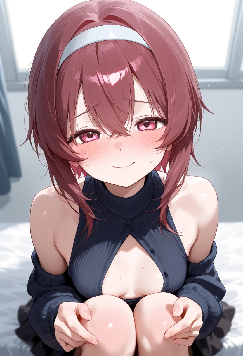POV: woman laying on top of you, 1woman, 30 years old, solo, red hair, short hair, wearing white shirt, plaid skirt, breasts hanging towards the viewer, big lusty eyes, arrogant, cocky smirk, feet out of frame, hands doing to the side, shot from under, viewer looking up, woman climbing on top of viewer, UHD, high quality, best quality, 16k, high details