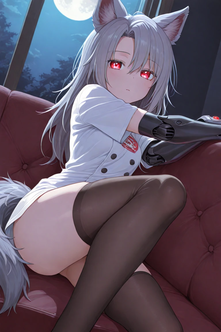 {{{shirakami_fubuki}}}, fox girl, white hair,braid, ahoge, animal ear fluff, aqua eyes, black ribbon, white shirt, off shoulder, masturbation, dildo
