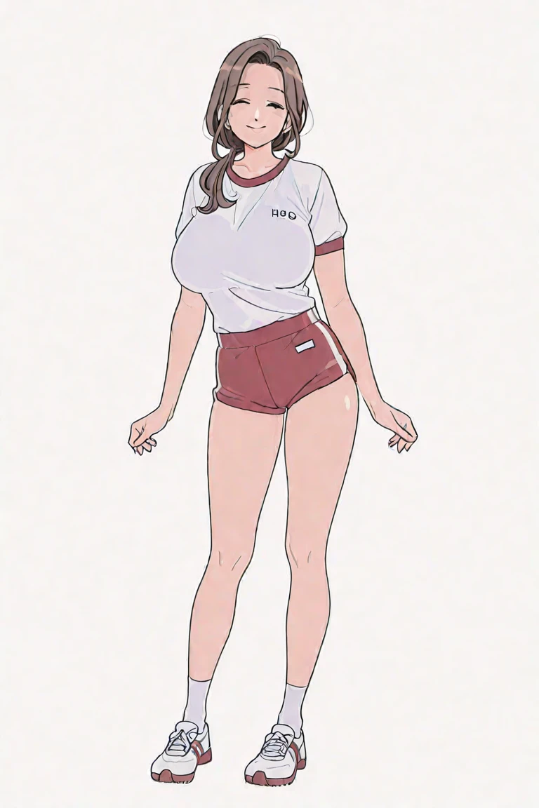 green solid background, 1 woman, best quality, ultra high res, red full lips, long hair, black hair, Anime brown eyes, Asian girl, bike shorts, sneakers, white socks, toned tummy, blank white t-shirt, short sleeves, smirk at viewers, double D breast, standing, full body