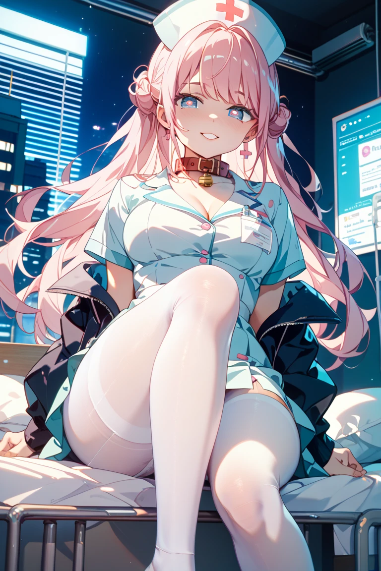 (Night:1.7), Cyberpunk_CityView, Before Window,in front of a wall with a clock,
sitting at attention,sitting on couch,
white shirt,yellow skirt,collarbone, cleavage, puffy_short_sleeves,thighhighs, White legwear, no_bra,
mika jougasaki, hair bow, long hair, pink hair, (yellow eyes:1.5),
1 girl, 20yo,young female,Beautiful Finger,Beautiful long legs,Beautiful body,Beautiful Nose,Beautiful character design, perfect eyes, perfect face,
looking at viewer, (innocent_big_eyes:1.0),(expressionless:1.3),
NSFW,official art,extremely detailed CG unity 8k wallpaper, perfect lighting,Colorful, Bright_Front_face_Lighting,
(masterpiece:1.0),(best_quality:1.0), ultra high res,4K,ultra-detailed,
photography, 8K, HDR, highres, absurdres:1.2, Kodak portra 400, film grain, blurry background, bokeh:1.2, lens flare, (vibrant_color:1.2)
(Beautiful,medium_Breasts:1.4), (beautiful_face:1.5),(narrow_waist),(perfect hands, perfect anatomy),