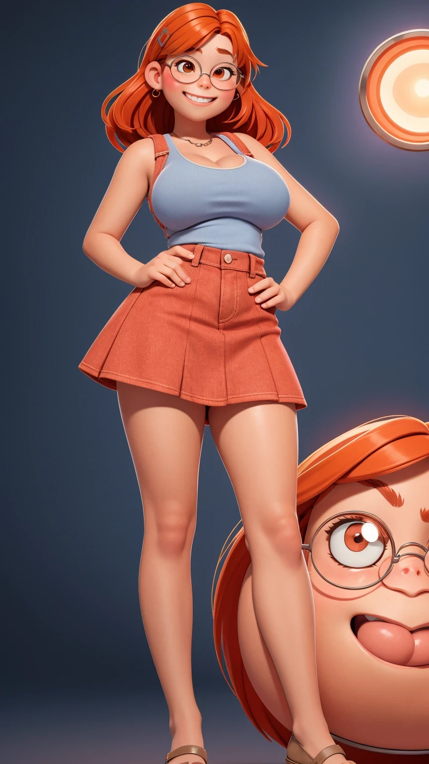 (((perfect body))), (((voluptuous))), (((hot))), thick thighs, Velma Dace Dinkley (from the Scooby-Doo series), posing for self with a ghost behind her, arm stretched out for freight as if she were holding a cell phone, comedic scene, perfect body, gorgeous and intelligent face, front view, mini skirt, glasses, big breasts, hot, short brown hair, orange turtleneck blouse, red skirt,  from the waist up