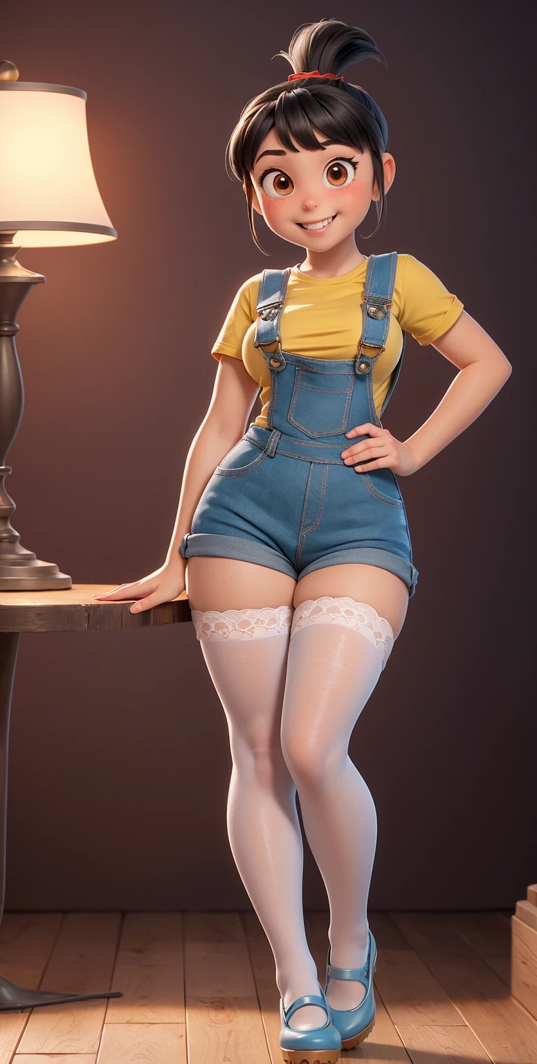 Full body shot, full shot,(best quality:1.4),(shiny skin), body focus, (cute face), (((best quality))), illustration, ((Beautiful Finger)), , Beautiful body, Beautiful character design, ,perfect lighting, Colorful, Bright_Front_face_Lighting, ultra high res, highres, absurdres:1.2, bokeh:1.2, lens flare, (vibrant_color:1.2), (Beautiful, medium breasts:1.6), (thick thighs:1.1),((white stockings, THICK, in white laced stockings)),
Black hair with straight bangs and a ponytail with a red band, big round brown eyes, slightly blushed cheeks, smiling expression, wearing a striped yellow and blue shirt, blue tiny overalls , white cotton stockings, mary_janes , full_shot ,full body shot , (so tiny tight overalls), from front, from front, bubbleass, bubble , tall platform_heels, perfect anatomy, sexy pose,