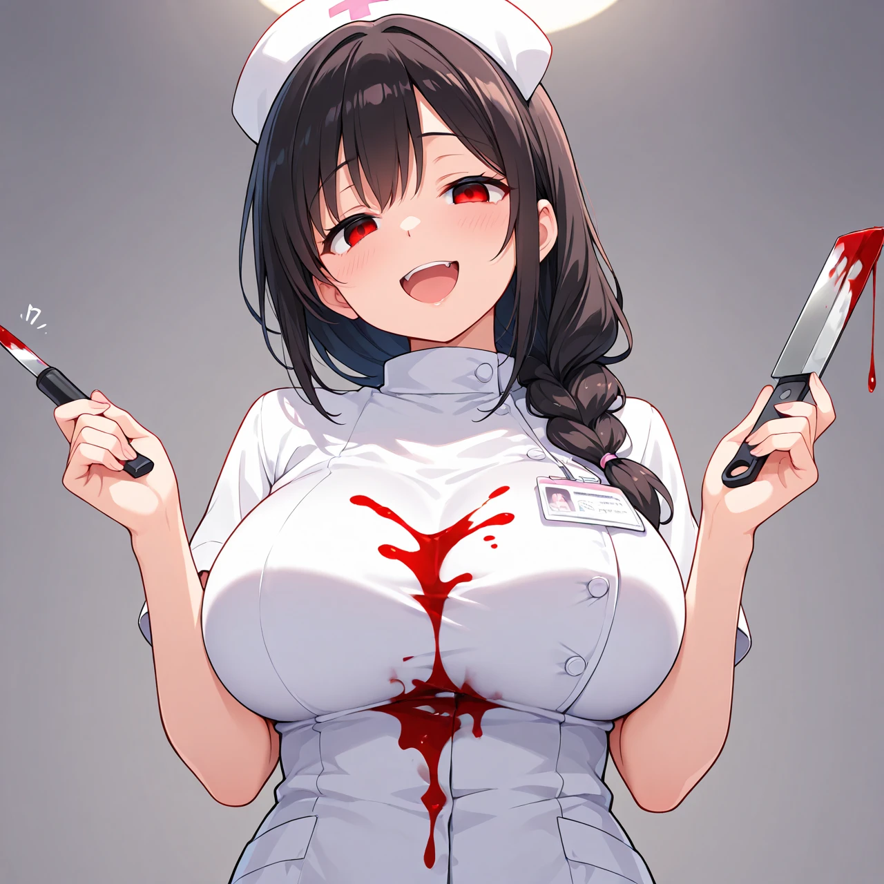 1girl, solo, cleavage, blood on clothes, large breasts, black background, dress, blood, nurse, white dress, head out of frame, thighs, collarbone, short dress, short sleeves, veiny breasts,<lora:yasuri-v1-any-final:0.7>