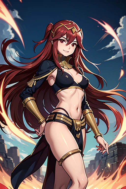 alexstrasza, multi horn, 4 horns, jewelry, headband, choker, necklace, cape, shoulder pads, arm bands, gauntlets, armored bra, armored panties, leggings, thigh armor, armored boots, 1girl, solo, upper body, facing viewer, looking at viewer, smile,