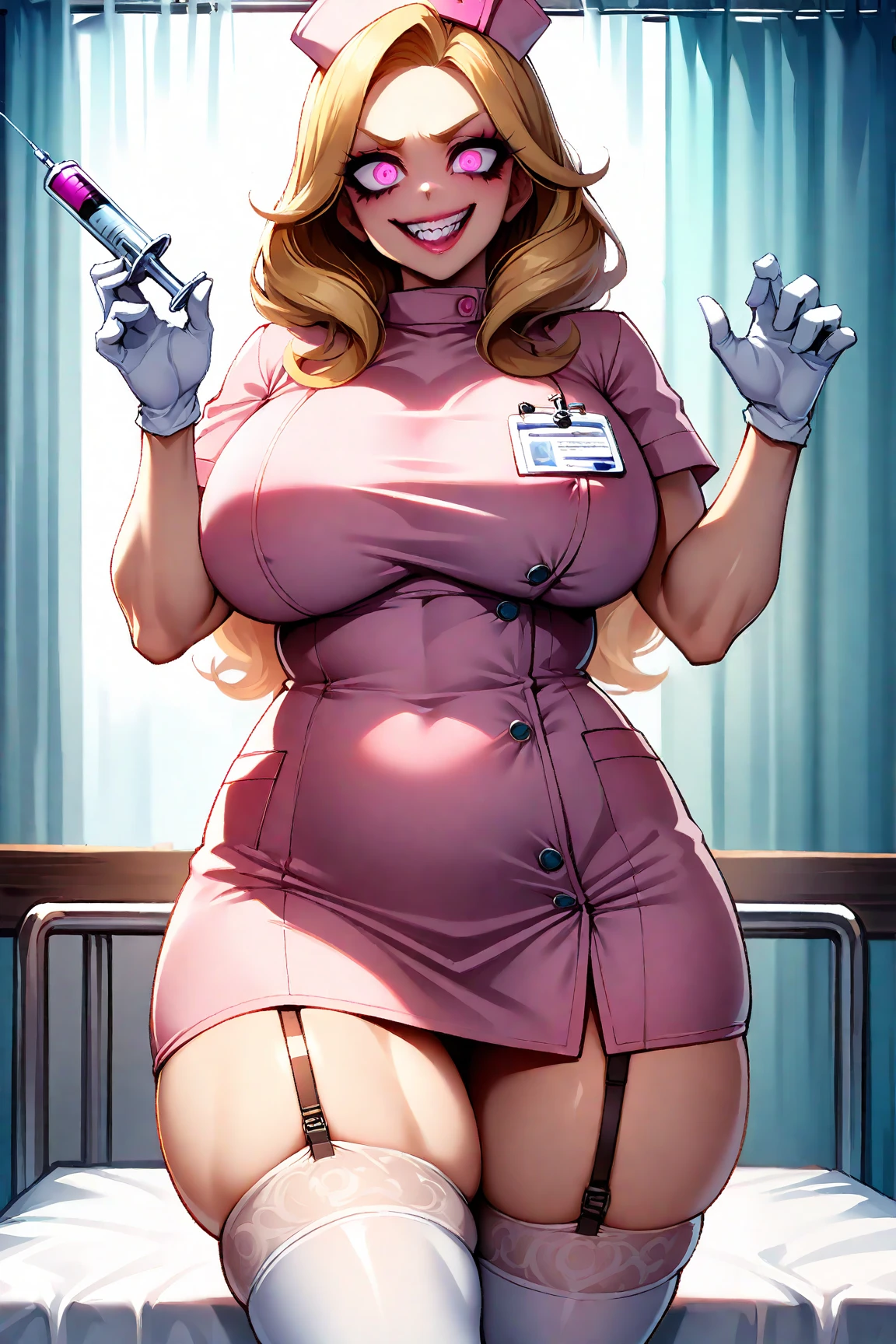 4K,realisticlying,Sexy nurse uniform,gigantic cleavage breasts,Super detailed face,Detailed eyes,whole body picture,Slender thighs,slendered abs,Doctor uniform,black lence stockings,Masterpiece,squatting on the ground