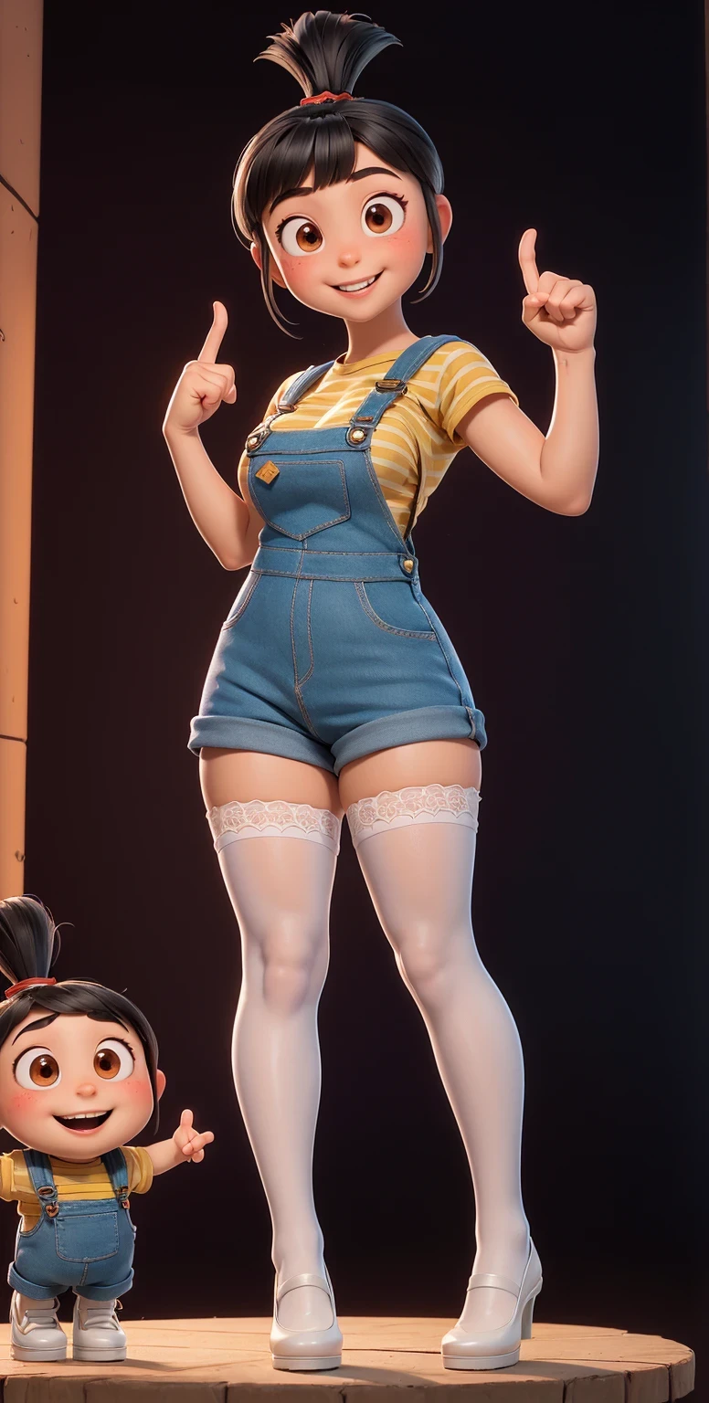 Full body shot, full shot,(best quality:1.4),(shiny skin), body focus, (cute face), (((best quality))), illustration, ((Beautiful Finger)), , Beautiful body, Beautiful character design, ,perfect lighting, Colorful, Bright_Front_face_Lighting, ultra high res, highres, absurdres:1.2, bokeh:1.2, lens flare, (vibrant_color:1.2), (Beautiful, medium breasts:1.6), (thick thighs:1.1),((white stockings, THICK, in white laced stockings)),
Black hair with straight bangs and a ponytail with a red band, big round brown eyes, slightly blushed cheeks, smiling expression, wearing a striped yellow and blue shirt, blue tiny overalls , white cotton stockings, mary_janes , full_shot ,full body shot , (so tiny tight overalls), from front, from front,  tall platform_heels, perfect anatomy, sexy pose, Agnes as a woman, Agnes as an adult, 25 years old.