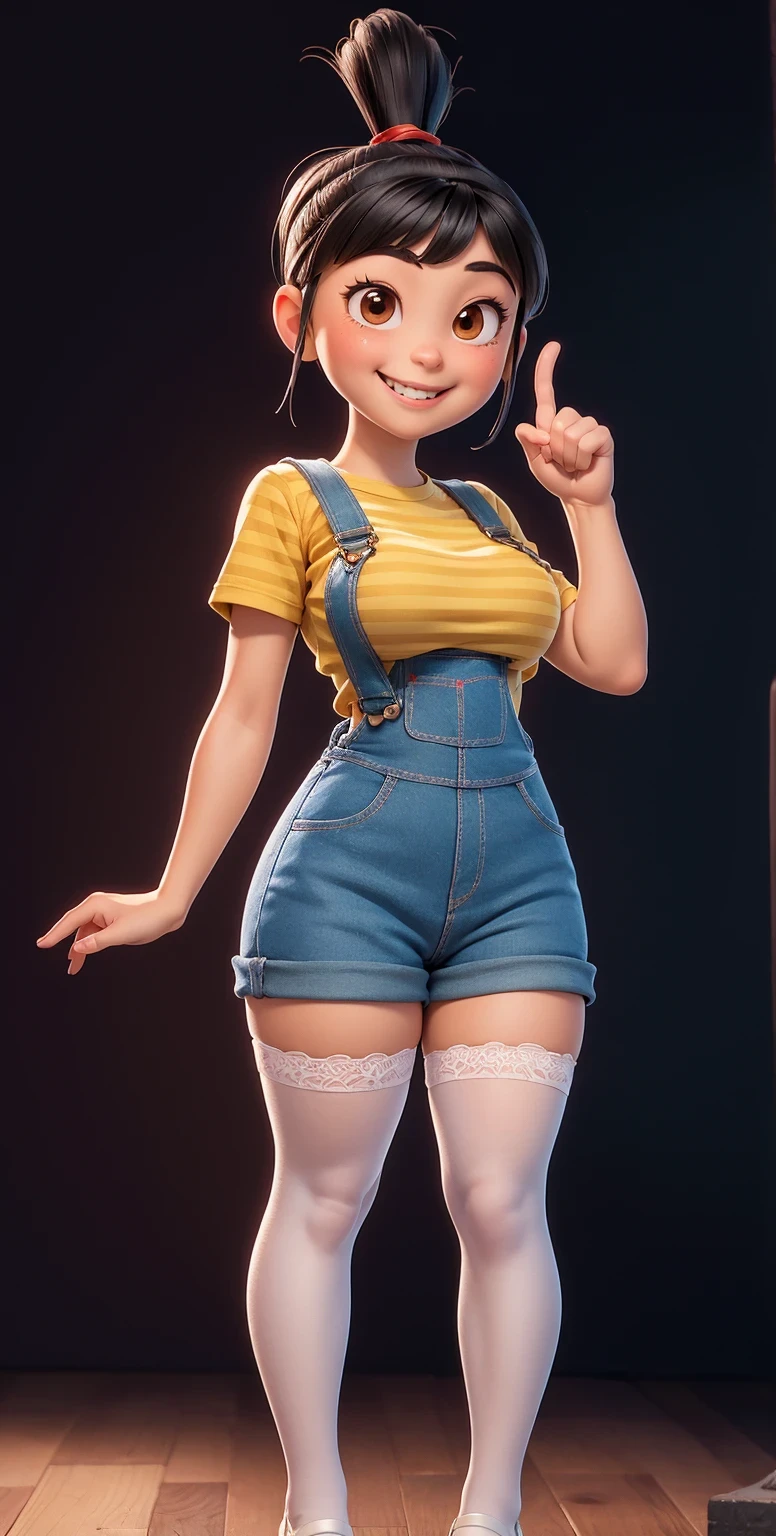Full body shot, full shot,(best quality:1.4),(shiny skin), body focus, (cute face), (((best quality))), illustration, ((Beautiful Finger)), , Beautiful body, Beautiful character design, ,perfect lighting, Colorful, Bright_Front_face_Lighting, ultra high res, highres, absurdres:1.2, bokeh:1.2, lens flare, (vibrant_color:1.2), (Beautiful, medium breasts:1.6), (thick thighs:1.1),((white stockings, THICK, in white laced stockings)),
Black hair with straight bangs and a ponytail with a red band, big round brown eyes, slightly blushed cheeks, smiling expression, wearing a striped yellow and blue shirt, blue tiny overalls , white cotton stockings, mary_janes , full_shot ,full body shot , (so tiny tight overalls), from front, from front,  tall platform_heels, perfect anatomy, sexy pose, Agnes as a woman, Agnes as an adult, 25 years old.
